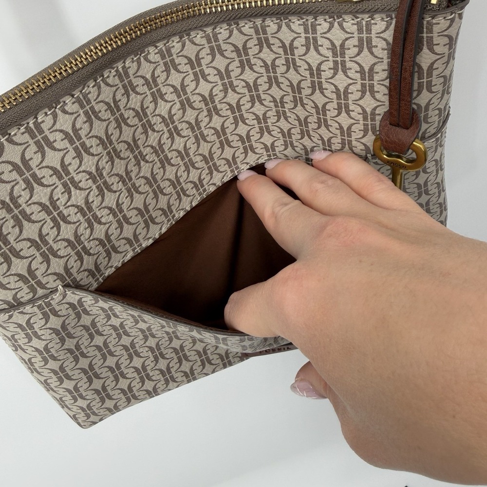 Fossil Fiona Crossbody‎ Bag Purse Satchel Brown Cream Floral Boho - Picture 10 of 14